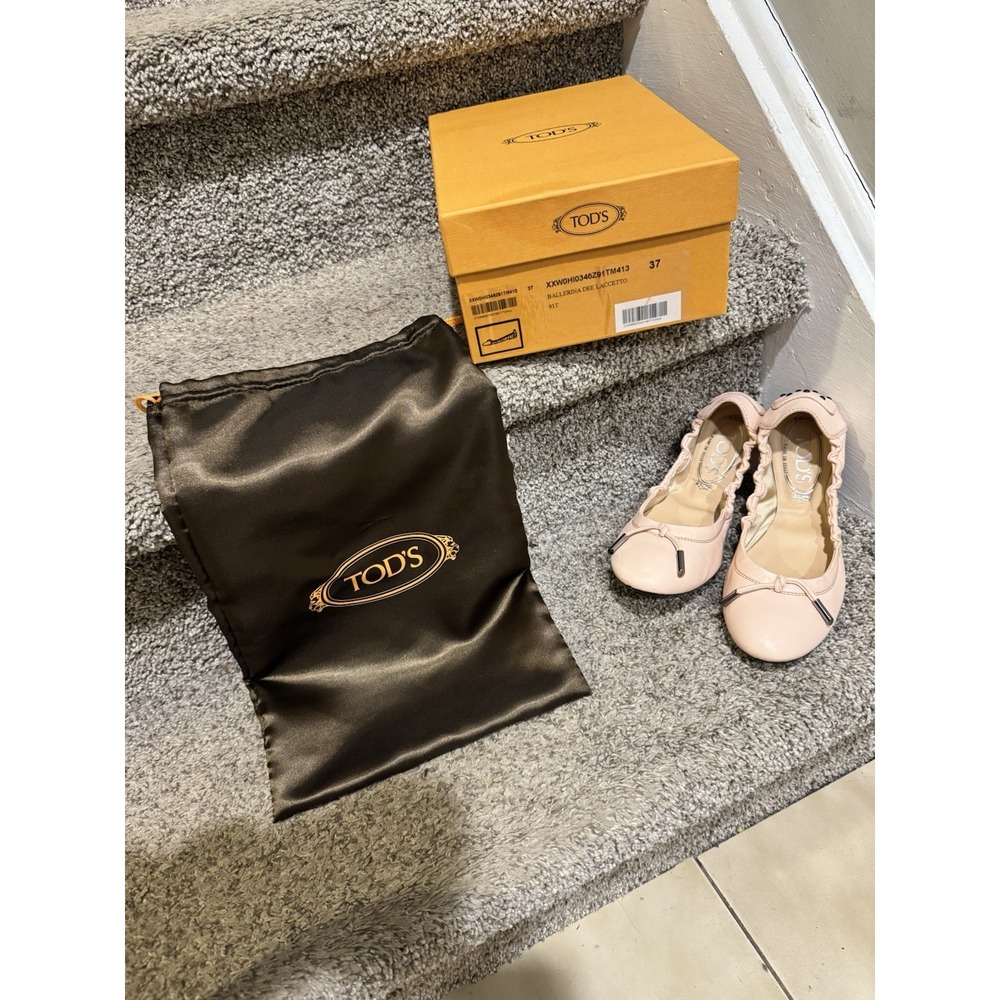 TOD'S Ballet Flats Womens Size 37 Leather Foldable Scrunch Ballerina Twee Pink‎